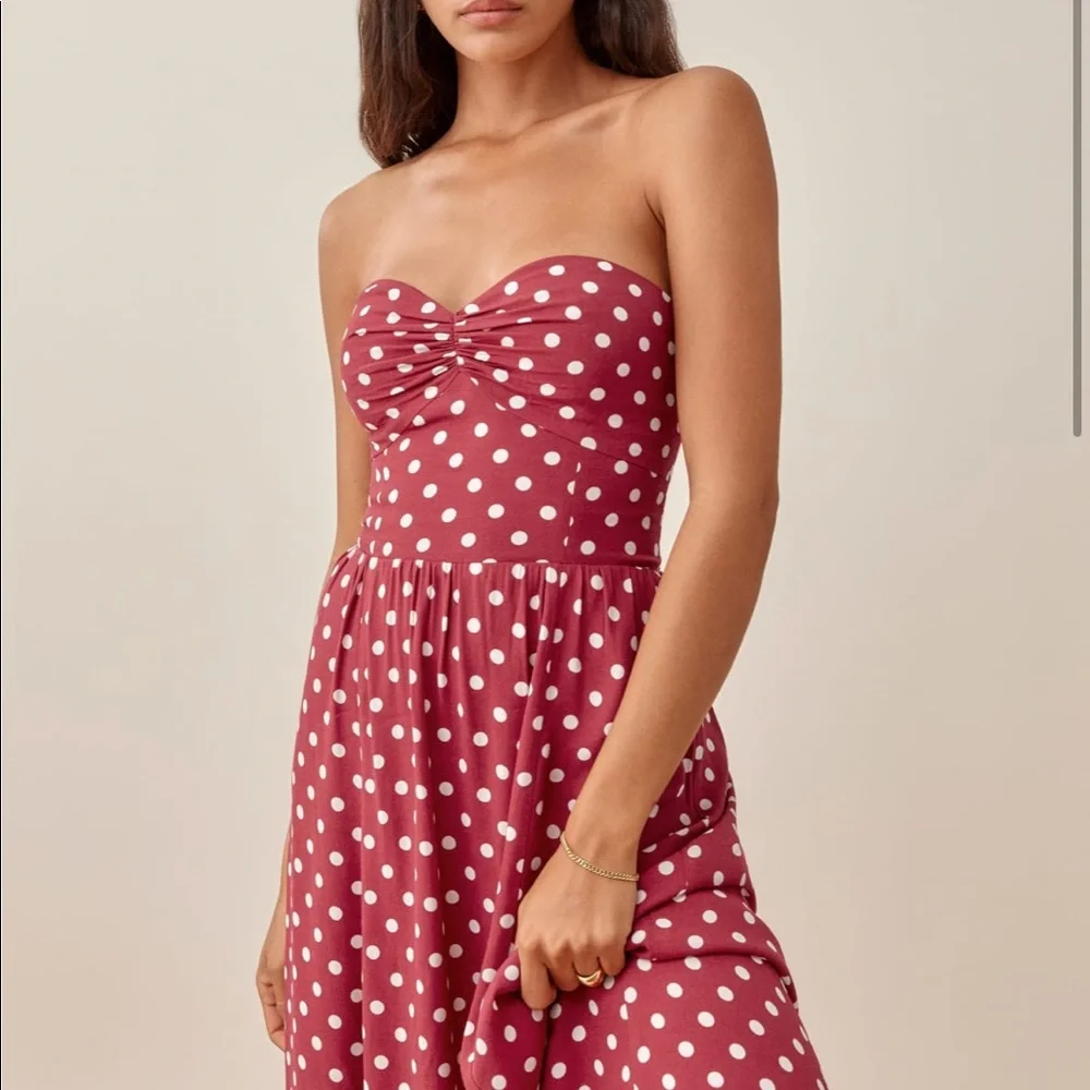 Reformation Strapless Raspberry Polka Dot Midi Dress - Picture 3 of 8